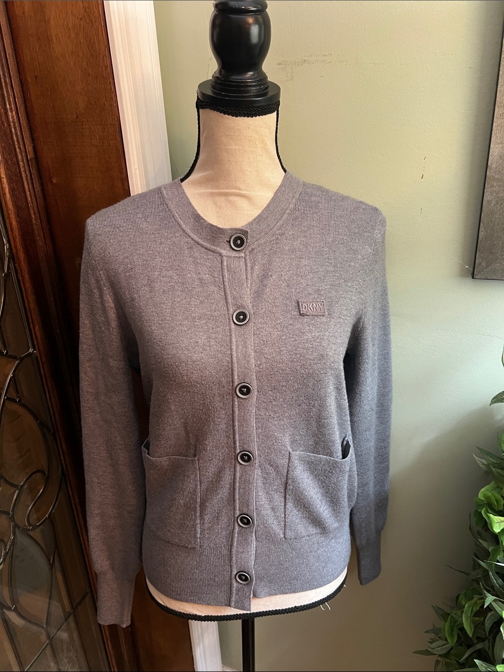 DKNY Light Gray Button-Front Knit Cardigan
